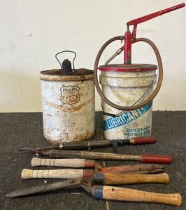 (2) Vintage Hand-Operated Grease Pumps, (3) Hand Shears