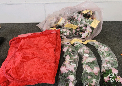 Bag of 4 Foot Garlands, And Red Decorative Throw Blanket.