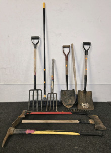 (2) Shovels, (2) Pitchforks, (2) Axes, Broom, Pickaxe, Garden Rake