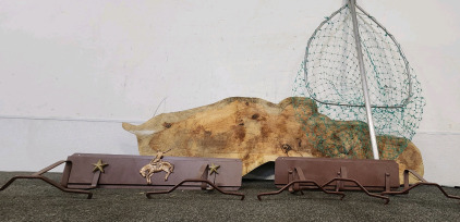 48 Inch Fishing Net Collapsible Fish Landing Net with Extendable Handle and (2) Cowboy Hat Holders, And A Decorative Slab Of Wood