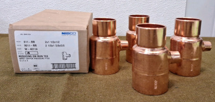 (1) 4-Pack NIBCO- 9103350 - Copper, Reducing On Run Tees, 2" x 1-1/2" x 1/2" / 2-1/8" x 1-5/8" x 5/8" OD