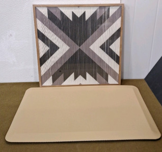 (1) Sky Solutions Anti Fatigue Mat, Tan, 20"W x 32"L & (1) SHOXREM Tassel Framed Artwork, Handmade String Art Black & White Abstract, Square Framed 24" x 24"<br/>