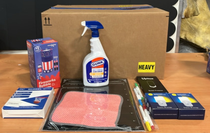 (1) Weekly Meal Planner With Dry Erase Markers (1) Fireworks Bubble Blower With Batteries and Bubble Solution (1) Massiel 5mm Basketball Net & An Amazons Returns Box