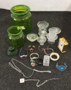 (8) Glass Jars/Containers, (5) Watches
