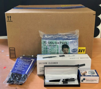 (1) Revix XL Shoulder Gel Ice Pack (1) Car Vacuum Cleaner (1) Adjustable Metal Folding Cane & An Amazon Returns Box