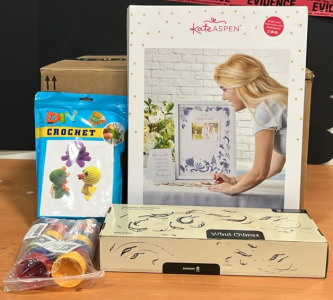 (1) Blue Willow Alternative Guest Book Kit (1) Green 6-Tube Wind Chimes (1) DIY Crochet Kit & An Amazon Returns Box