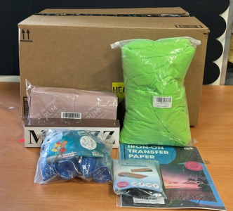 (1) Two Pack of 6&rsquo; Stretch Green Tablecloth (1) Ball and Vase Magic Trick Set (1) 10 Piece of Iron-On Transfer Paper For Dark Fabrics & An Amazon Returns Box