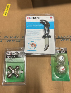 (1) Moen Mulit-Fit Side Spray (1) Danco Universal Decorative Cross Handle (1) Danco Universal Small Acrylic Handles w/Adapters (1) Box Of Amazon Overstock