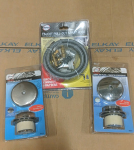 (1) Danco Faucet Pull-out Spray Hose (2) Danco Fits Most Overflow Plate & Stopper Kit (1) Overstock Amazon Box