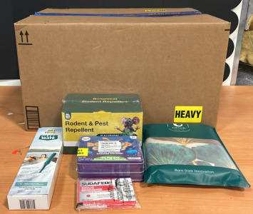 (1) 15 Pack of Botanical Rodent & Pest Repellent (1) Frog Hot Tub Filter Mate (1) 36 Pack of Sudafed & An Amazon Returns Box