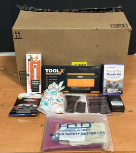 (1) Tool X 10&rdquo; Contour Gauge (1) Tube & Tile Repair Kit (1) Ice Scraper & An Amazon Returns Box