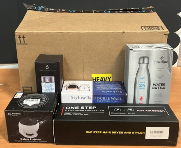 (1) Fine Dine Water Bottle (1) One Step Purple Hair Dryer Brush (1) Galaxy Projector & An Amazon Returns Box