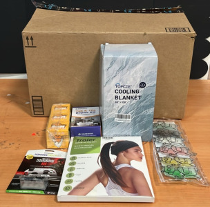 (1) Trocee Cooling Blanket (1) Traier Sweat Headband (1) Six Pack of Ice Packs & An Amazon Returns Box