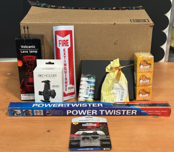 (1) Volcanic Lava Lamp (1) COD Modern Warfare III Thumbsticks (1) Power Twister & An Amazon Returns Box