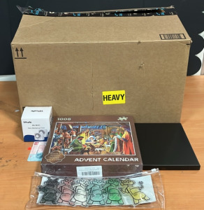 (1) Pack of Six Reusable Gel Ice Pack (1) Tiffcofio Daily Mechanical Timer (1) 1008 Piece Advent Calendar Puzzle & An Amazon Returns Box
