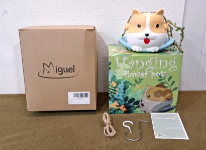 (1) Miguel Rectangular Pet Bed, Blue, 25" x 21" x 8" & (1) Resin, Animal Themed Hanging Flower Pot