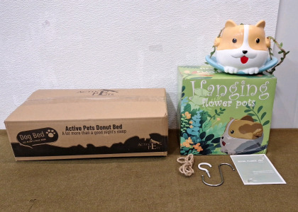 (1) Active Pets Dog Donut Bed, Beige, Medium 30" Diameter & (1) Resin, Animal Themed Hanging Flower Pot