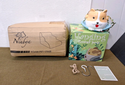 (1) Niubya Foam Pet Stairs & (1) Resin, Animal Themed Hanging Flower Pot
