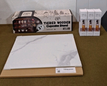 (1) Murry Home Glass Cutting Board, 12" x 16" & (1) 3-Tier Wooden Stand & (3) 100ML Glass, Edible Oil Spray Bottles