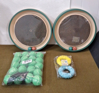 (1) 20-Count Bag Of Green Tennis Balls, (1) 2-Pack Of Chew Rings & (2) Round Cat Scratcher Toys