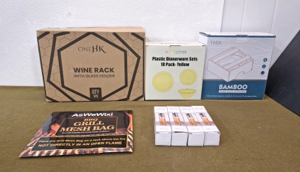 (1) Wire Wine Rack W/ Glass Holder, (1) 18-Piece Plastic Dinnerware Set, (1) Bamboo Paper Plate Dispenser, (1) BBQ Grill Mesh Bag & (4) 100ML Glass, Edible Oil Spray Bottles