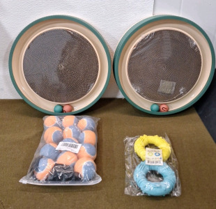 (1) 12-Count Bag Of Blue & Orange Tennis Balls, (1) 2-Pack Of Chew Rings & (2) Round Cat Scratcher Toys