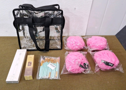 (1) Electric Toothbrush, (1) 120ML Bottle Of Ginseng Extract Liquid, (1) 20-Piece Brush Set, (1) Clear Tote & (4) Shower Puffs