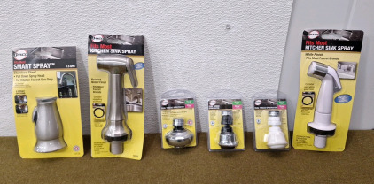 (1) Danco Smart Spray, Faucet Pull Down Spray head, Stainless Steel Finish, (1) Danco Kitchen Sink Spray Head, Brushed Nickel Finish, (3) Danco Dual Thread Sprayrators, (2) Chrome Finish, (1) White Finish & (1) Danco Kitchen Sink Spray Head, White Finis