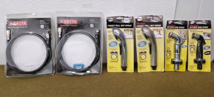 (1) Delta RP80522 Water Supply Hose, (1) Delta RP62057 Water Supply Hose, (2) Danco Kitchen Faucet Pull Out Spray Heads, (1) Chrome Finish, (1) Brushed Nickel Finish, (2) Danco Kitchen Sink Spray Heads, (1) Chrome Finish, (1) Black Finish