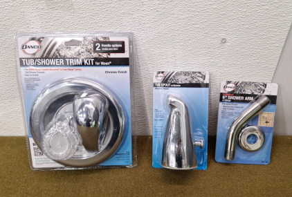 (1) Danco Tub/ Shower Trim Kit For Moen, Chrome Finish & (1) Danco 6" Tub Spout W/ Diverter, Chrome Finish & (1) Danco 6" Shower Arm W/ Flange, Chrome Finish