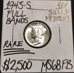 1943-SS68FB Rare Full Bands Mercury Silver Dime