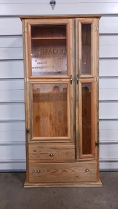 (1) Tall Wood Gun Cabinet w/ Glass Doors & Storage Drawers