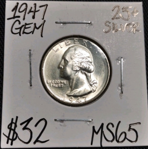 1947 MS65 Gem Silver Washington Quarter