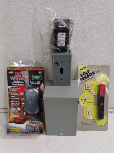 (5) Electrical Supplies & Tools - (1) Outlet Box w/ Knockouts (1) Surface Mount Power Outlet - 50A (1) Volt Sensor (1) Rechargeable Hand Warmer (1) Leviton IPS02 Occupancy Sensor