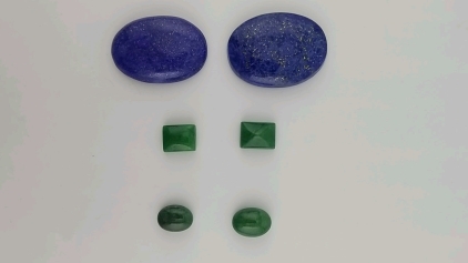 (2) Lapis Lazuli Cabochon Stones-(77.6, 71.0 Carat) (4) Brazillian Emerald Cabochon Stones-(9.25, 9.25, 6.5, 8.1 Carat)