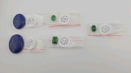 (2) Lapis Lazuli Cabochon Stones-(115.9, 82.7 Carat) (3) Brazillian Emerald Cabochon Stones-(11.25, 6.85, 7.85 Carat)