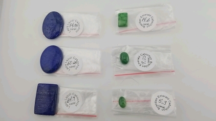 (3) Lapis Lazuli Cabochon Stones-(54.95, 60.65, 64.7 Carat) (3) Brazillian Emerald Cabochon Stones-(14.6, 9.25, 5.3 Carat)