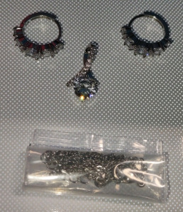 PT950 Silver Toned Hoop Earrings, 9T950 Silver Toned Necklace Pendant, & S925 Silver Chain Link Necklace