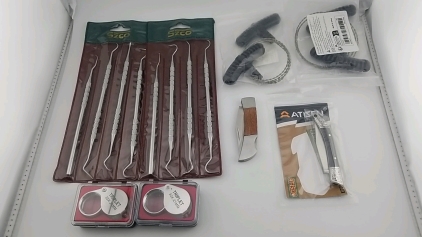(2) SZCO Set of Picks, (2) Caming Mini Hand String Saws, (2) Small Pocket Knives, (2) Triplet Magnifying Glasses