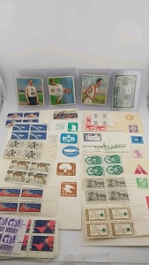 (3) Cigarette Prenium Sports Cards-1910, (1) Marilyn Monroe USO ID Card, Set of Old US Postage Envelopes and Stamps