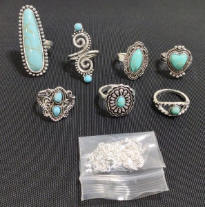 (7) Assorted Sized Silver Toned Turquoise Rings & (1) 925 Silver Petite Twisted Chain Link Necklace