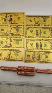 Gold Toned USD Dollars Set, (4) Bundles of 50 Cent Pennies- (2) Bundles Wheat Pennies, (1) Zinc UNC Pennies, 2023 D Pennies