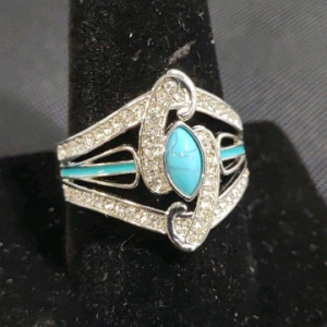 Silver Toned Turquoise Cyclone Boomerang Ring