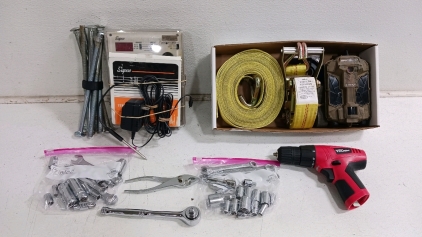 (6) Electronics & Tools Lot - (1) Socket Wrench & New Sockets (1) Spypoint Trail Camera (1) Brophy Strap - 27FT (1) Hyper Tough Drill - No Battery (1) Supco Temperature Recorder (1) Assorted New Wrenches & Sockets