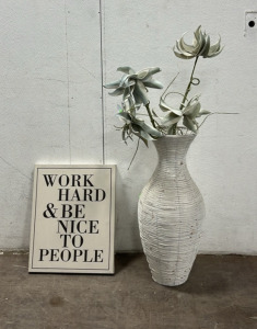 (1) Faux Plant in Woven Vase (1) Motivational Wall Decor Piece