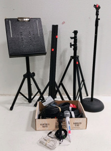 (17+) Audio Equipment Essentials - (1) Music Stand (3) Microphone Stands (1) Tripod Stand (1) Folding Stand (10) Audio Cables (1) XLR Adapter (1) Microphone
