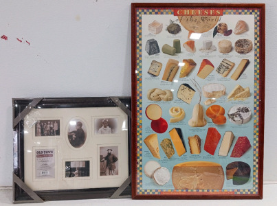 (2) Framed Wall Art - Old Town Collage Frame (1) Cheeses of the World Poster Frame