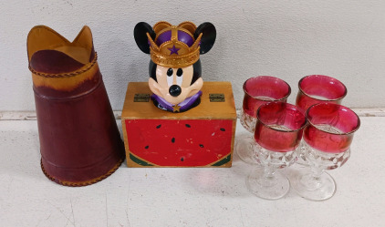 (9+) Eclectic Home Decor & Collectibles - (3) Rolls of Fabric - Unknown Length (1) Mickey On Ice Cup (1) Watermelon Box (4) Cranberry Rimmed Goblets & So Much More!!