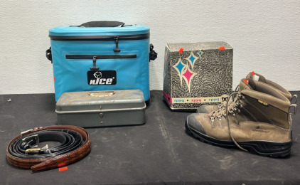 (1) Nice Soft Soded Cooler Bag (1) Pair of Montrail (size 11) Boots (1) Foreign Brand Womens Hat (1) Vintage Lockable Toolbox (2) Belts