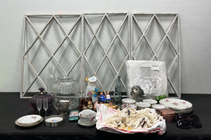 (3) Wall Decor Pieces, Assortment of Decorative Kitchenware & Decor (1) Hand Crafted Chinese Sky Lanterns (2) Pairs of Sunglasses